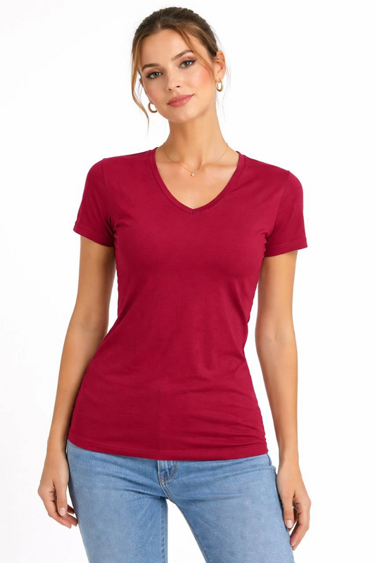 ASSEMA Kadın V Yaka Slim Fit Likralı Tişört - Bordo
