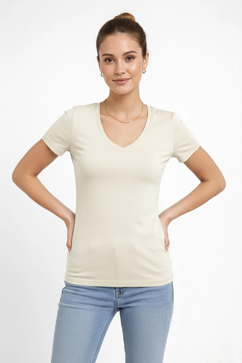 ASSEMA Kadın V Yaka Slim Fit Likralı Tişört - Taş