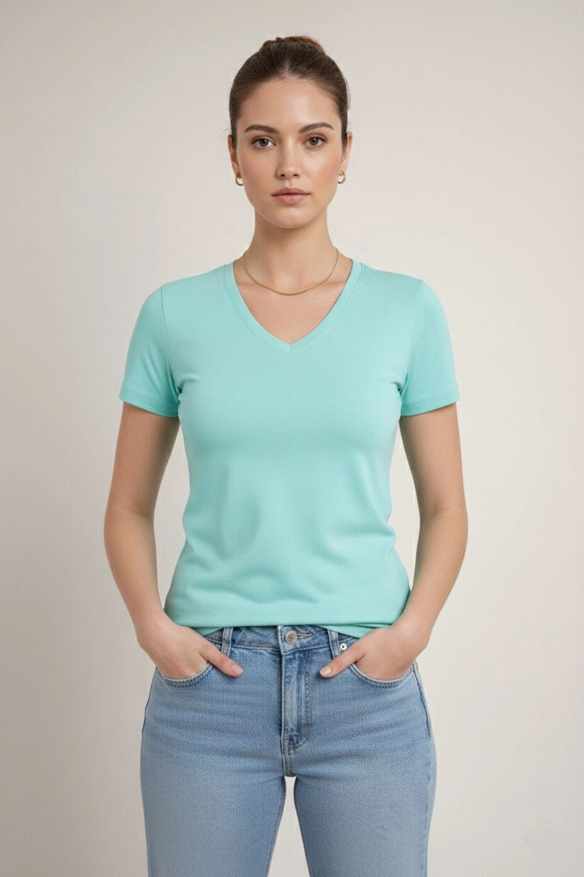 ASSEMA Kadın V Yaka Slim Fit Likralı Tişört - Turkuvaz