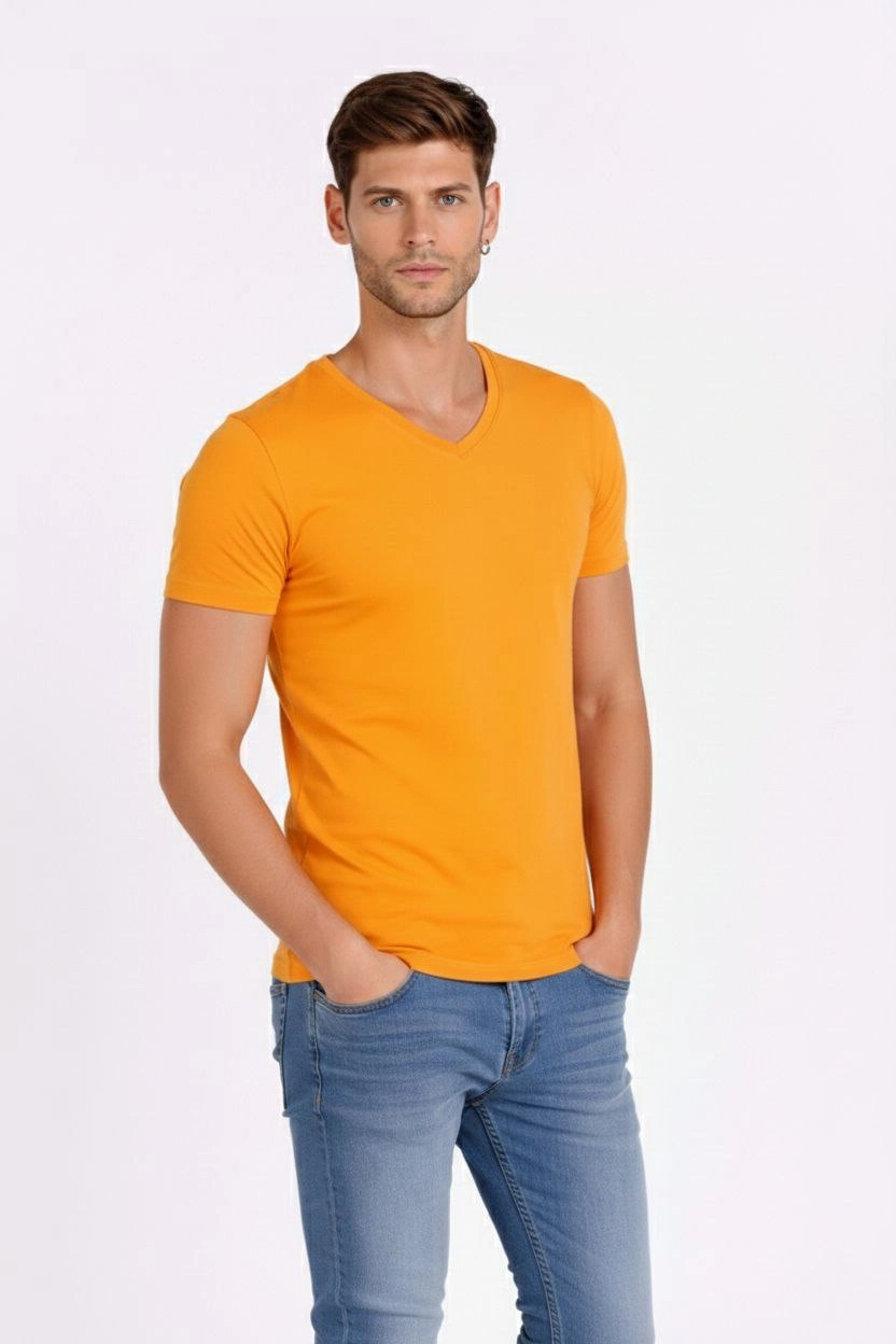 ASSEMA Erkek V Yaka Slim Fit dar kesim Likralı Tişört - Sarı