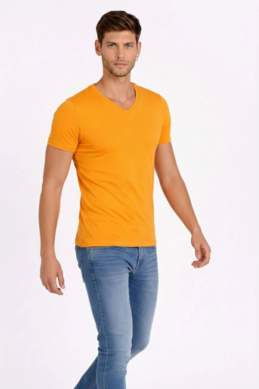 ASSEMA Erkek V Yaka Slim Fit dar kesim Likralı Tişört - Sarı