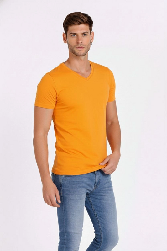 ASSEMA Erkek V Yaka Slim Fit dar kesim Likralı Tişört - Sarı