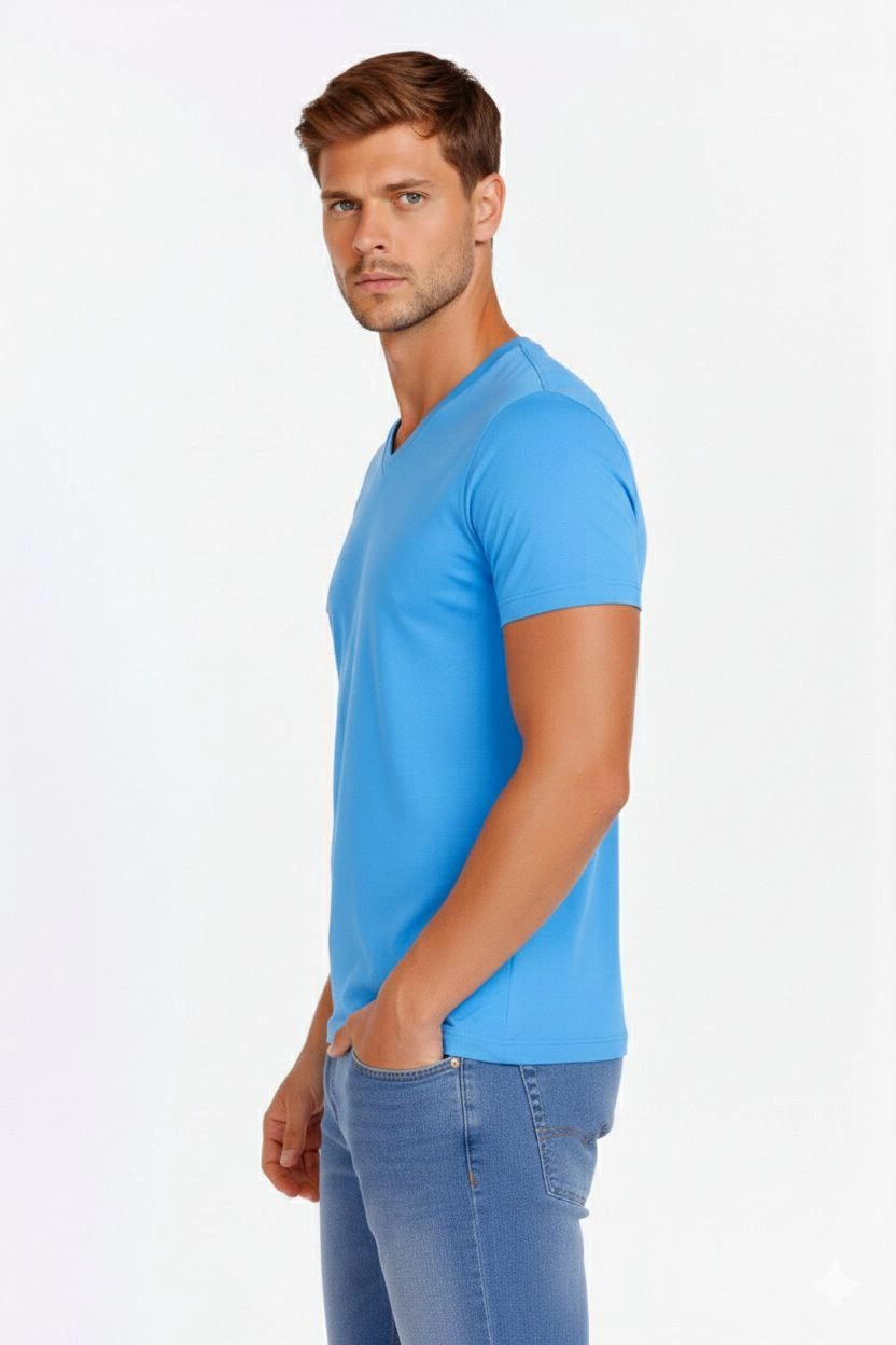 ASSEMA Erkek V Yaka Slim Fit dar kesim Likralı Tişört - Açık Mavi