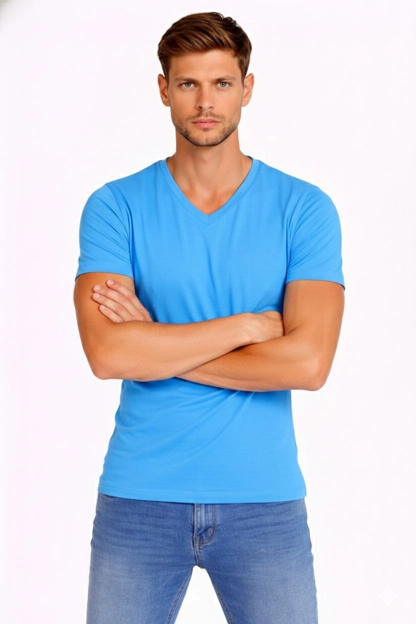 ASSEMA Erkek V Yaka Slim Fit dar kesim Likralı Tişört - Açık Mavi