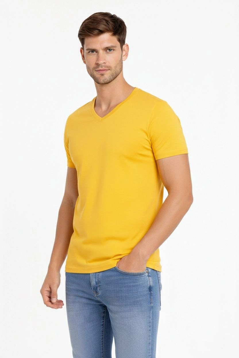 ASSEMA Erkek V Yaka Slim Fit dar kesim Likralı Tişört - Limon