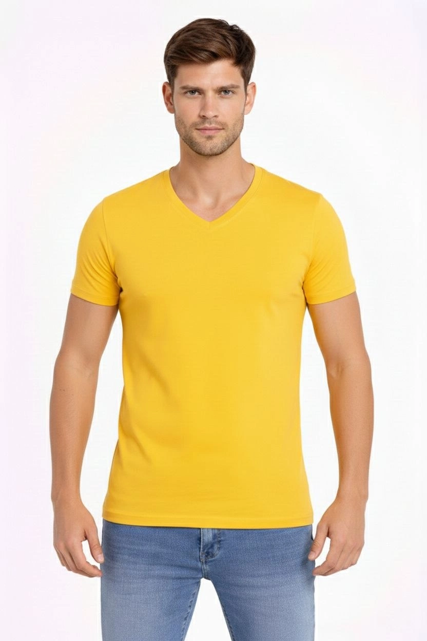 ASSEMA Erkek V Yaka Slim Fit dar kesim Likralı Tişört - Limon