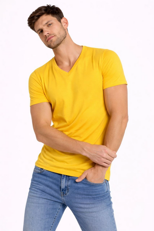 ASSEMA Erkek V Yaka Slim Fit dar kesim Likralı Tişört - Limon