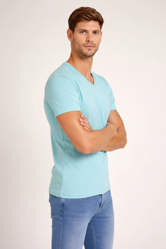 ASSEMA Erkek V Yaka Slim Fit dar kesim Likralı Tişört - Turkuvaz