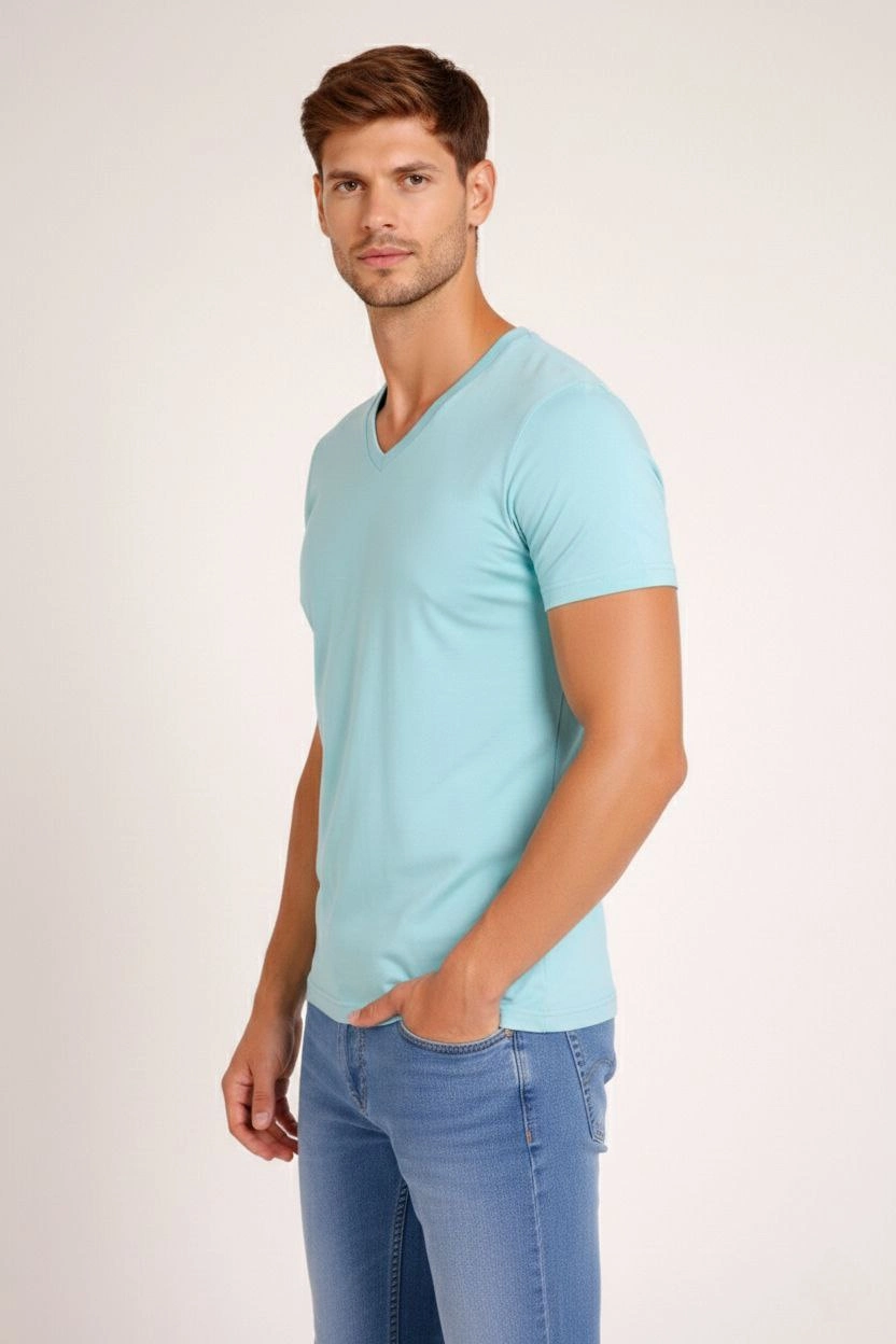 ASSEMA Erkek V Yaka Slim Fit dar kesim Likralı Tişört - Turkuvaz