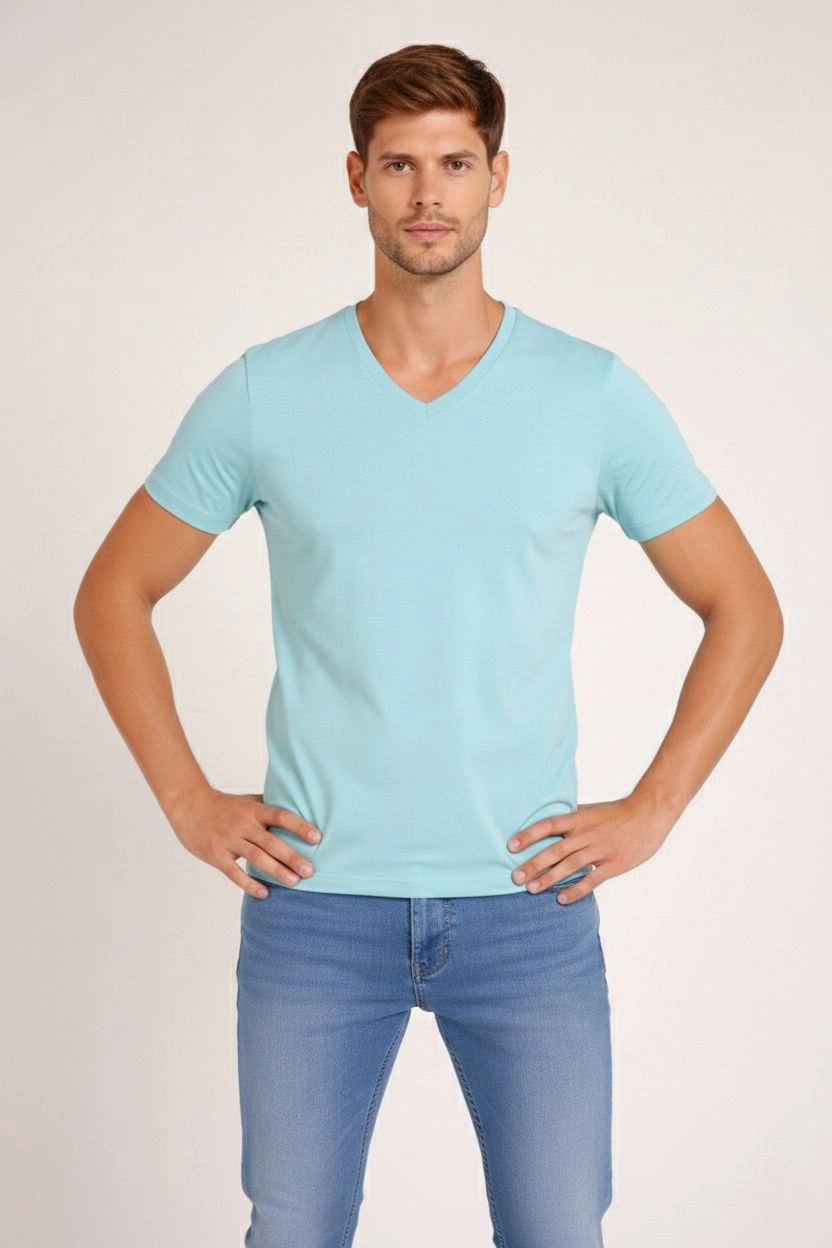 ASSEMA Erkek V Yaka Slim Fit dar kesim Likralı Tişört - Turkuvaz