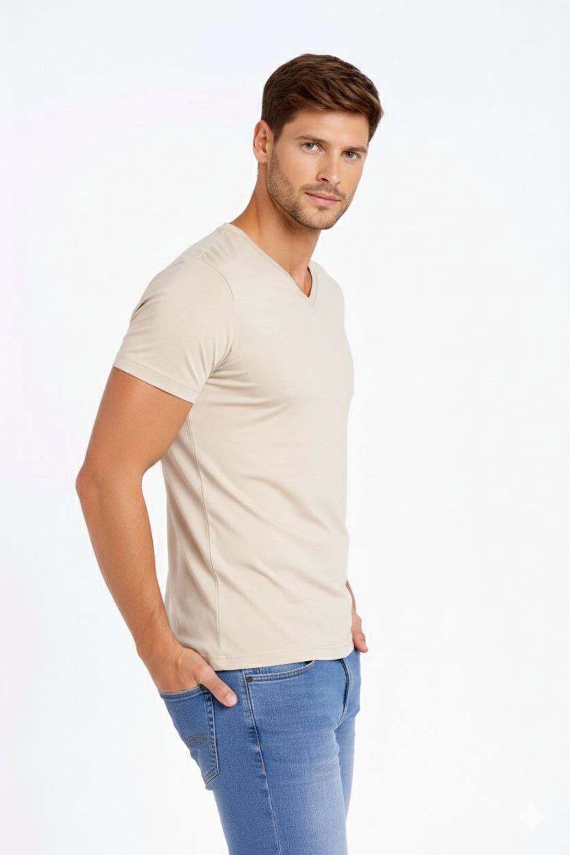 ASSEMA Erkek V Yaka Slim Fit dar kesim Likralı Tişört - Taş