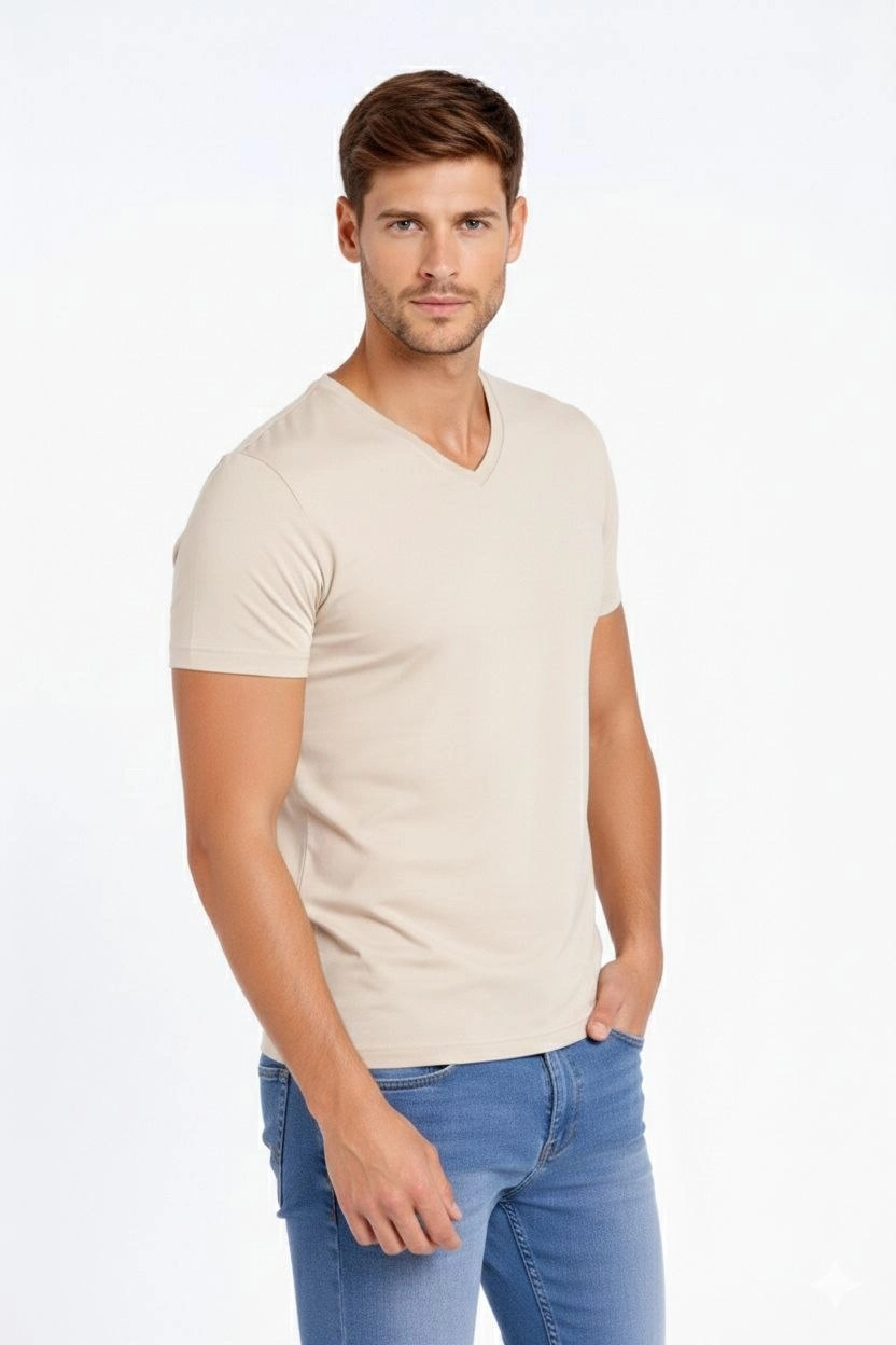 ASSEMA Erkek V Yaka Slim Fit dar kesim Likralı Tişört - Taş