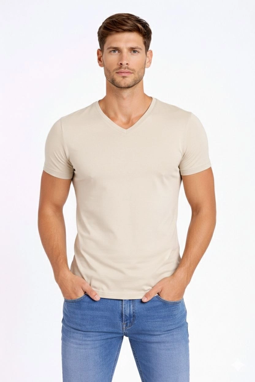ASSEMA Erkek V Yaka Slim Fit dar kesim Likralı Tişört - Taş