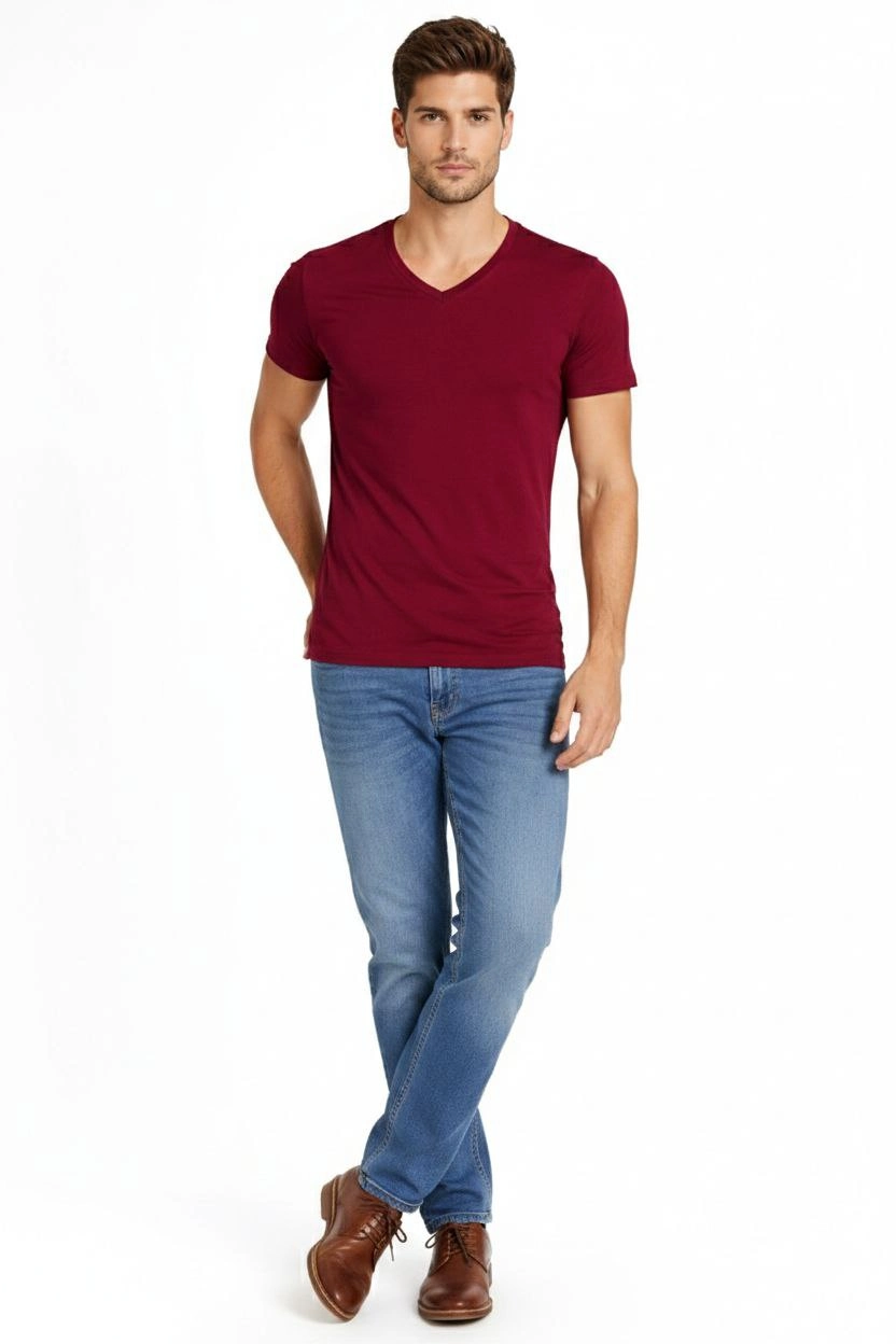 ASSEMA Erkek V Yaka Slim Fit dar kesim Likralı Tişört - Bordo