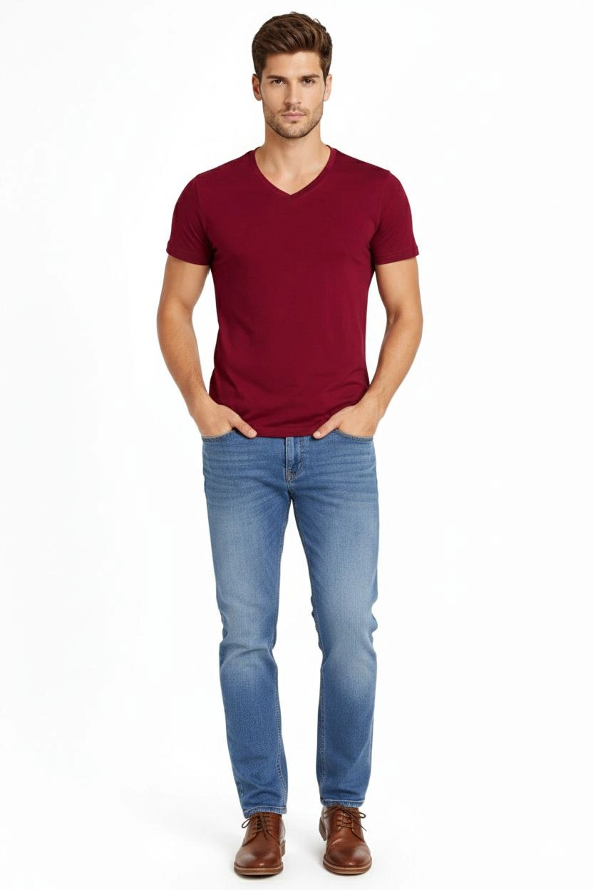 ASSEMA Erkek V Yaka Slim Fit dar kesim Likralı Tişört - Bordo