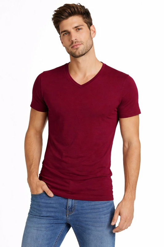 ASSEMA Erkek V Yaka Slim Fit dar kesim Likralı Tişört - Bordo