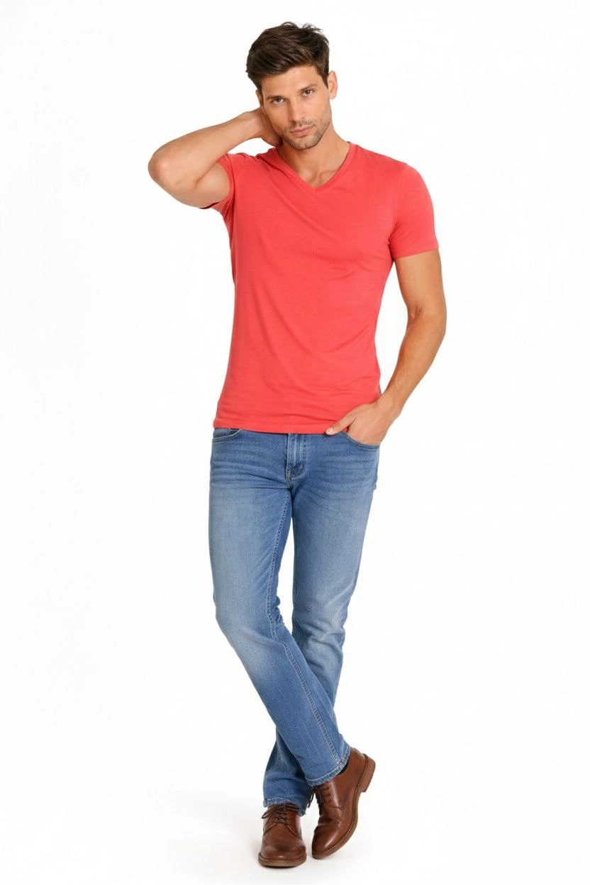 ASSEMA Erkek V Yaka Slim Fit dar kesim Likralı Tişört - Nar Çiçeği