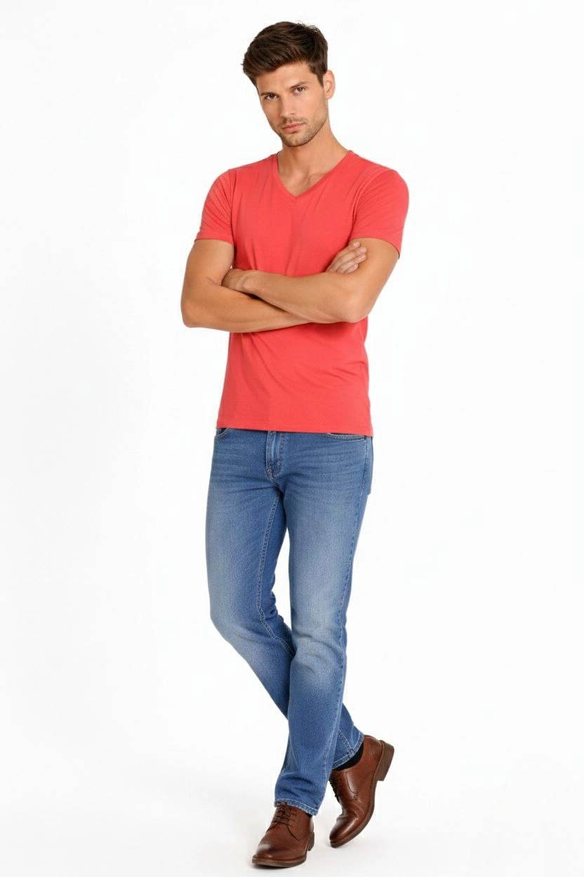 ASSEMA Erkek V Yaka Slim Fit dar kesim Likralı Tişört - Nar Çiçeği