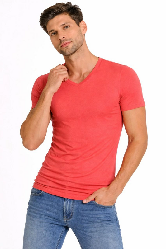 ASSEMA Erkek V Yaka Slim Fit dar kesim Likralı Tişört - Nar Çiçeği