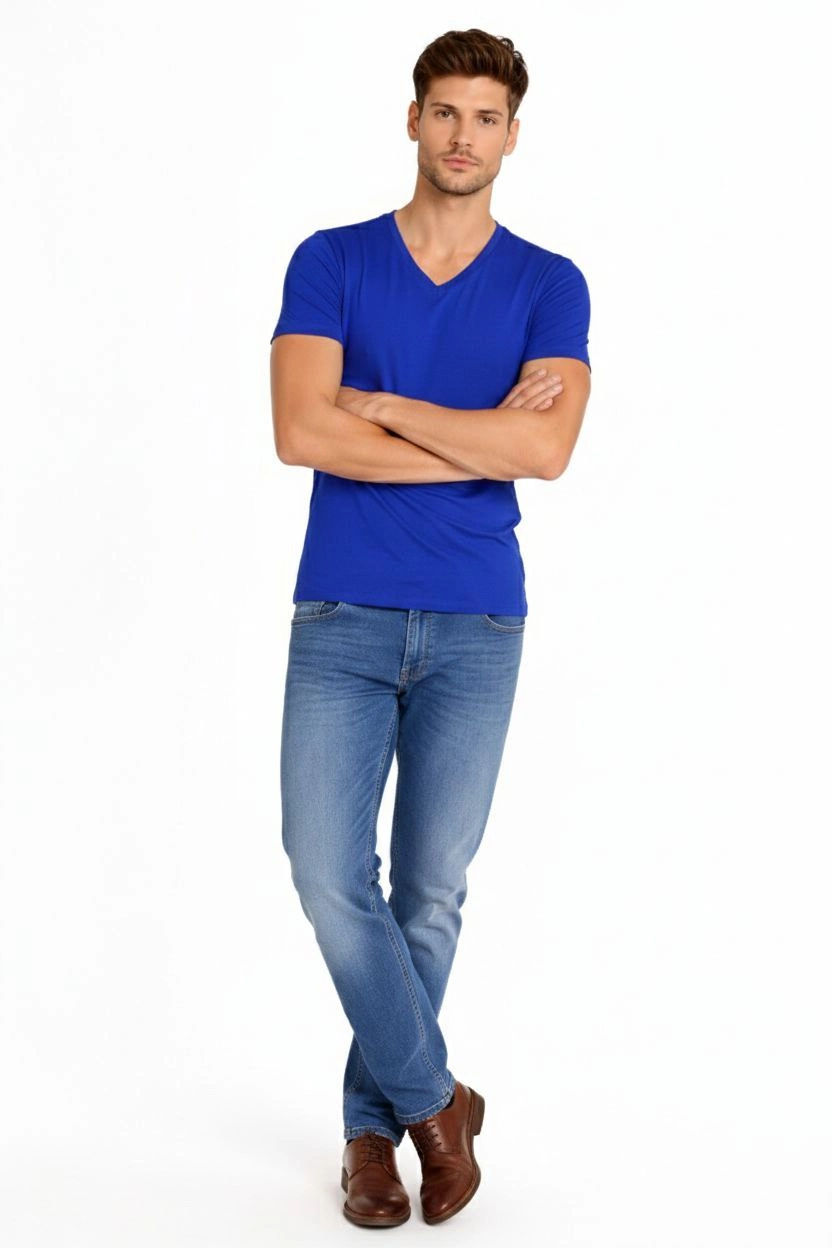 ASSEMA Erkek V Yaka Slim Fit dar kesim Likralı Tişört - Saks Mavisi