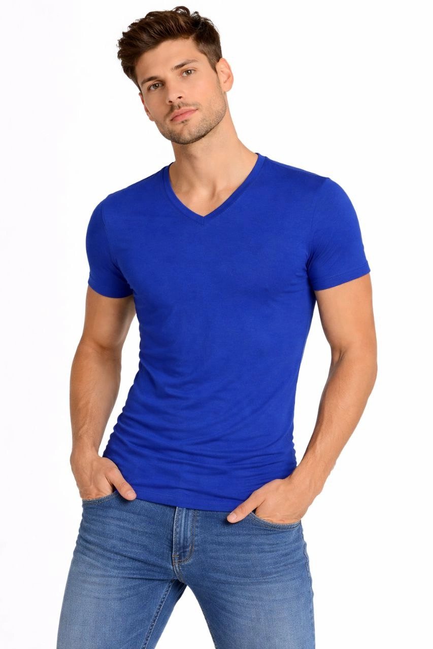 ASSEMA Erkek V Yaka Slim Fit dar kesim Likralı Tişört - Saks Mavisi
