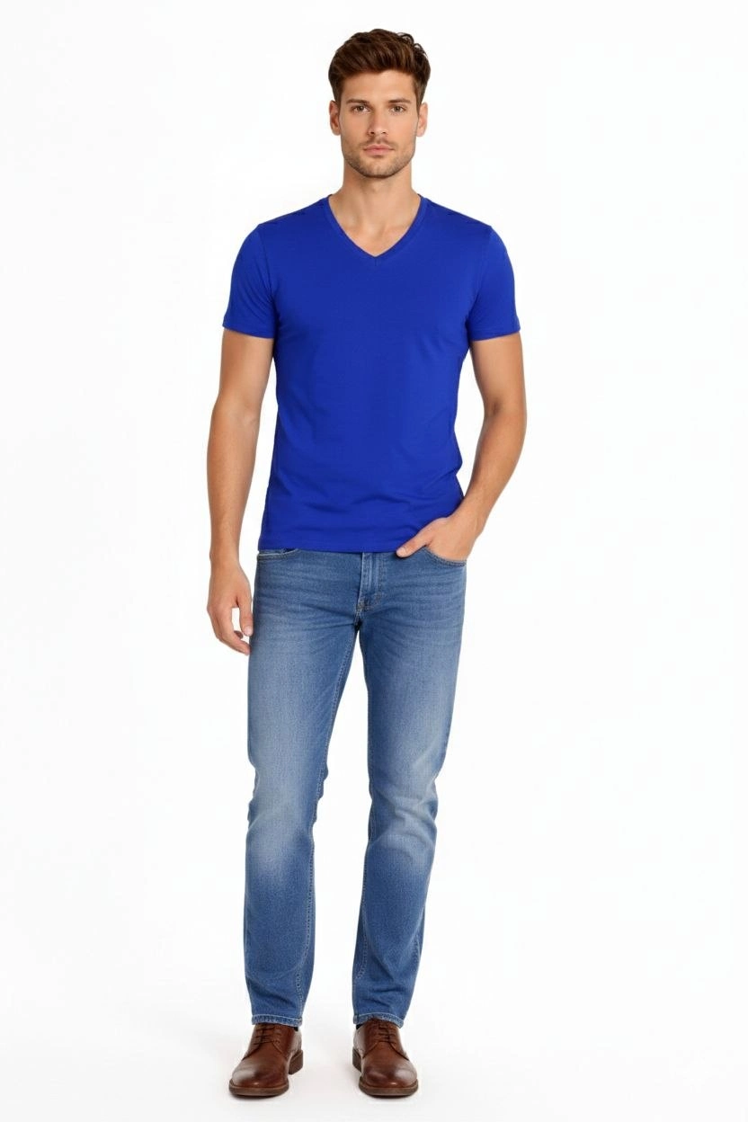 ASSEMA Erkek V Yaka Slim Fit dar kesim Likralı Tişört - Saks Mavisi