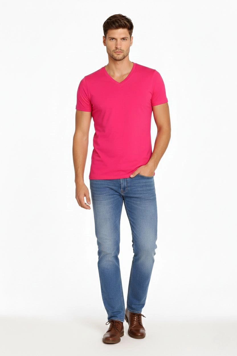 ASSEMA Erkek V Yaka Slim Fit dar kesim Likralı Tişört - Pembe