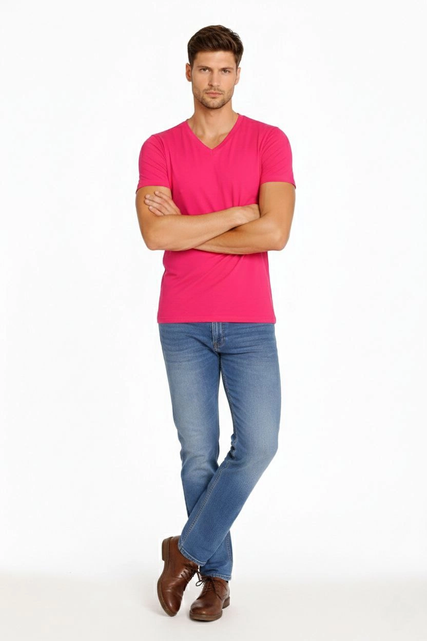 ASSEMA Erkek V Yaka Slim Fit dar kesim Likralı Tişört - Pembe