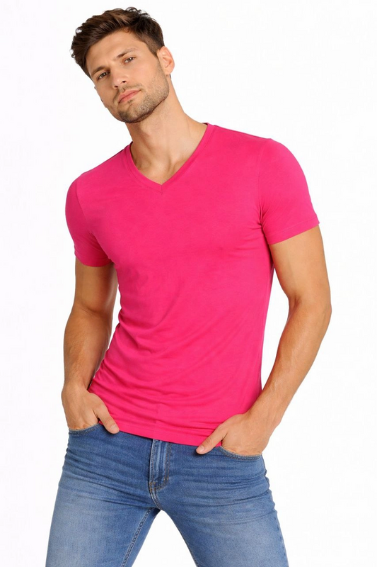 ASSEMA Erkek V Yaka Slim Fit dar kesim Likralı Tişört - Pembe