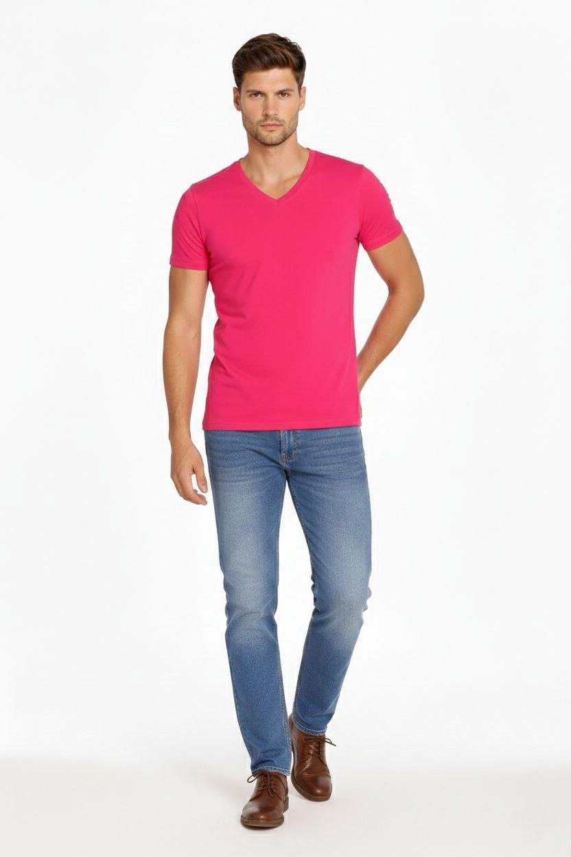ASSEMA Erkek V Yaka Slim Fit dar kesim Likralı Tişört - Pembe