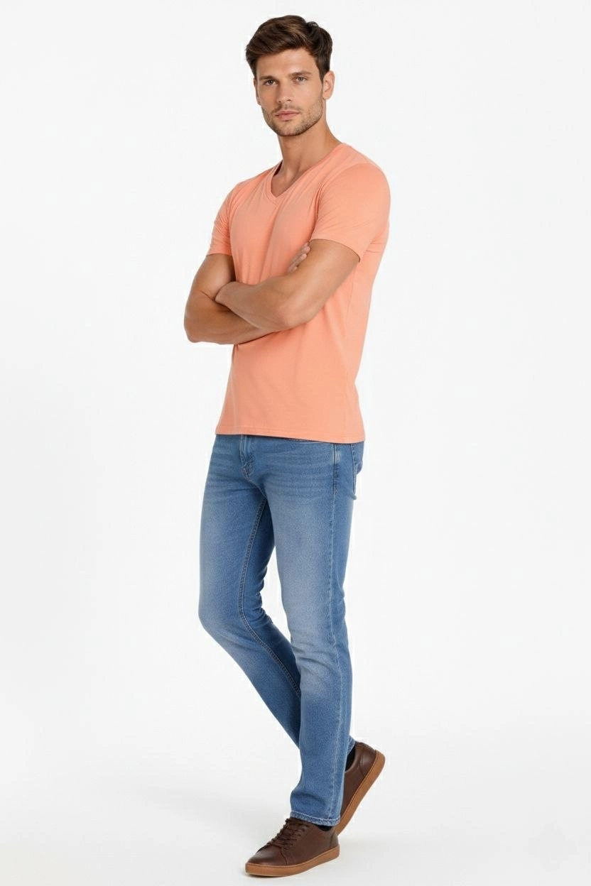 ASSEMA Erkek V Yaka Slim Fit dar kesim Likralı Tişört - Toz Pembe