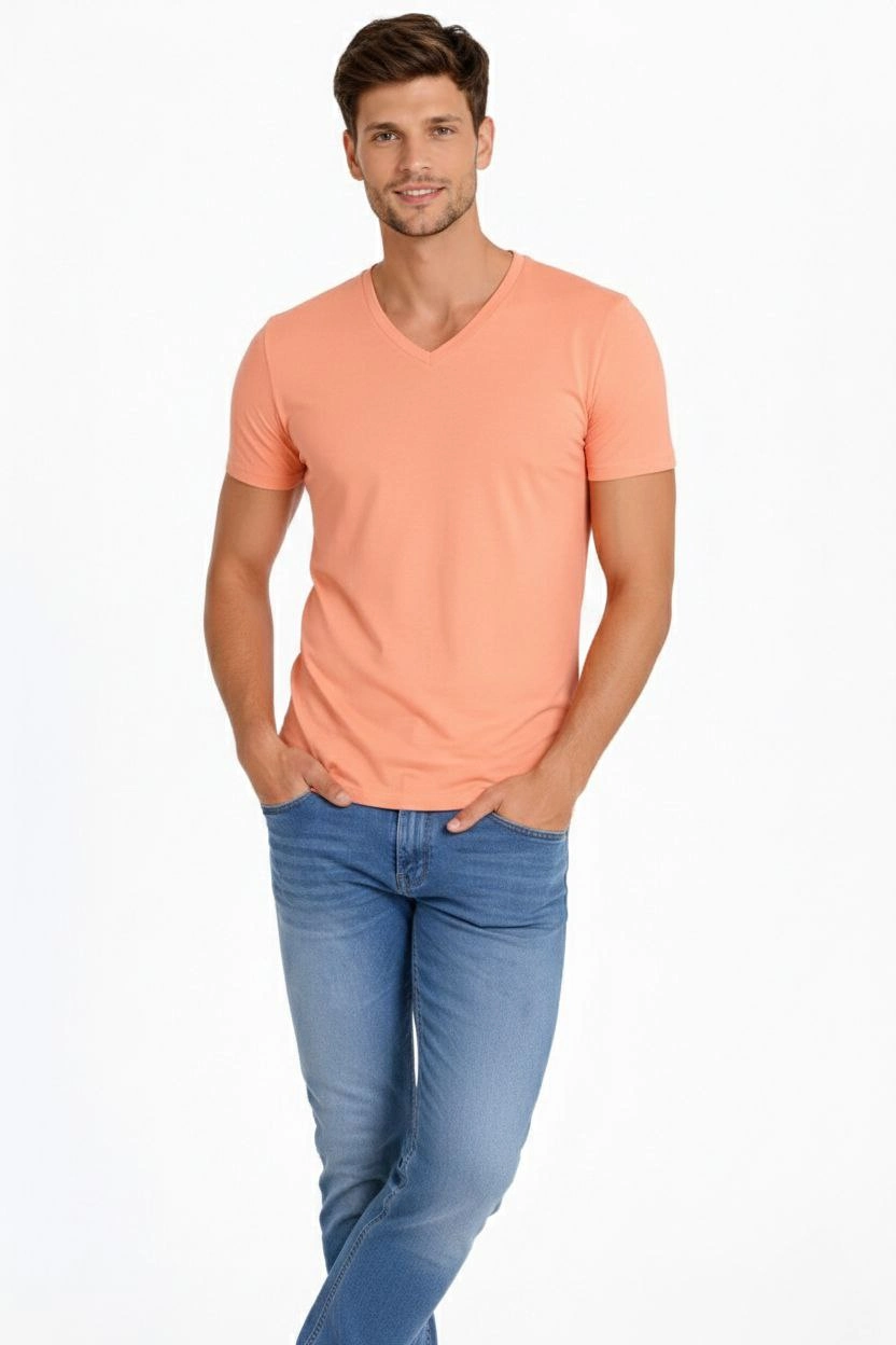 ASSEMA Erkek V Yaka Slim Fit dar kesim Likralı Tişört - Toz Pembe