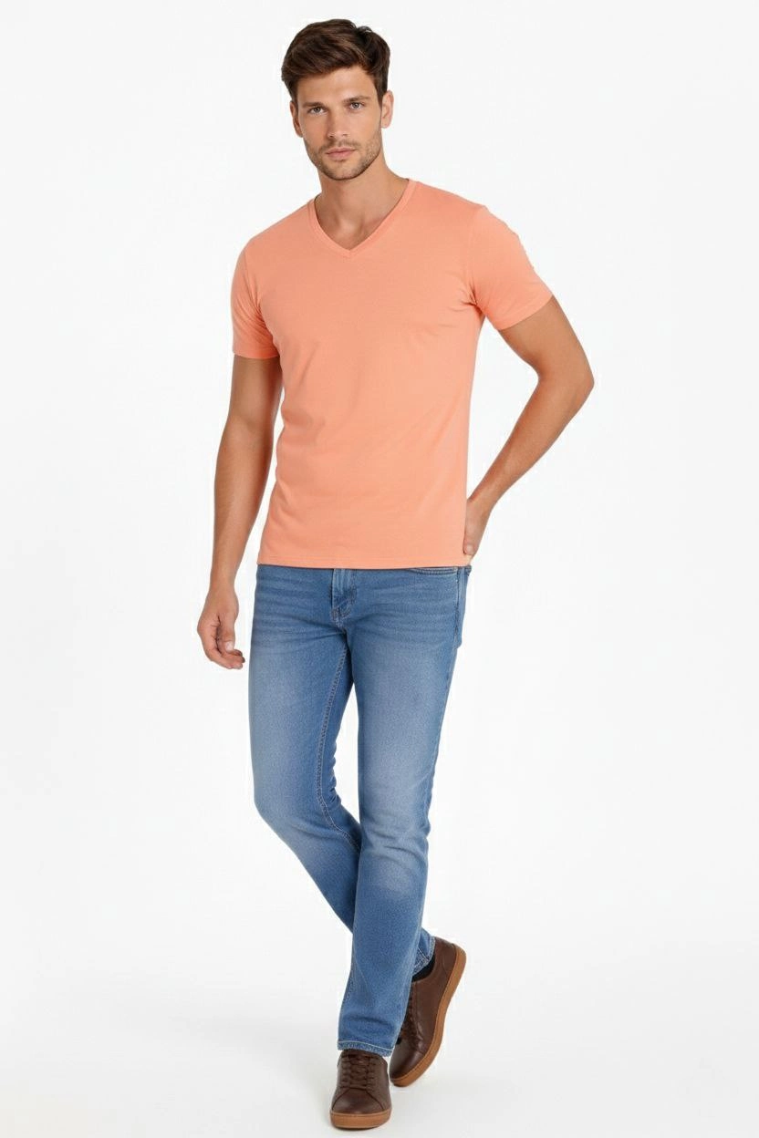 ASSEMA Erkek V Yaka Slim Fit dar kesim Likralı Tişört - Toz Pembe