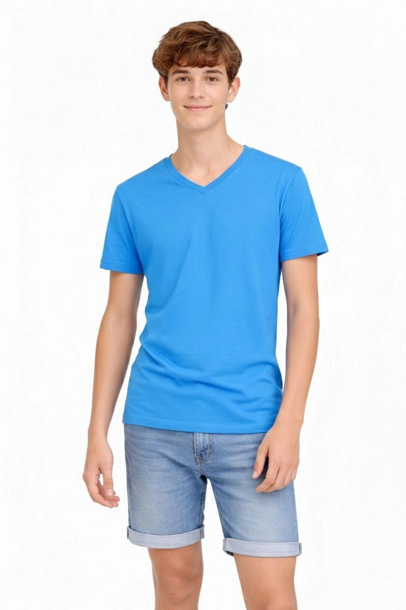 ASSEMA Genç Erkek Çocuk V Yaka T-shirt Model - Açık Mavi