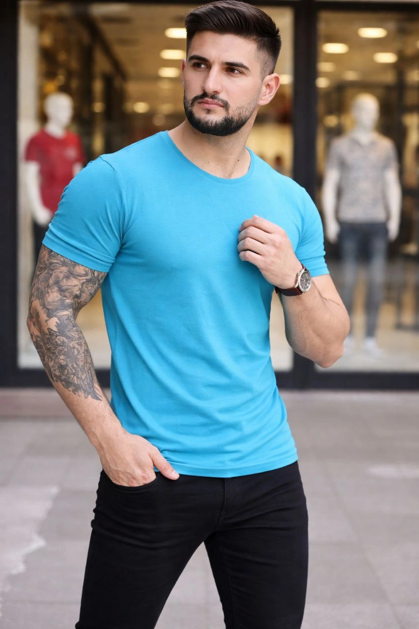 ASSEMA Erkek Bisiklet Yaka Slim Fit dar kesim Likralı Tişört - Açık Mavi