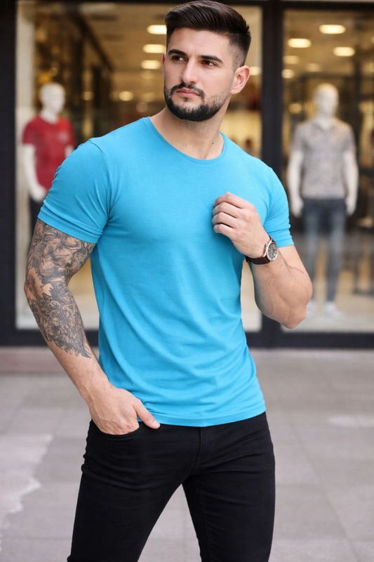 ASSEMA Erkek Bisiklet Yaka Slim Fit dar kesim Likralı Tişört - Açık Mavi