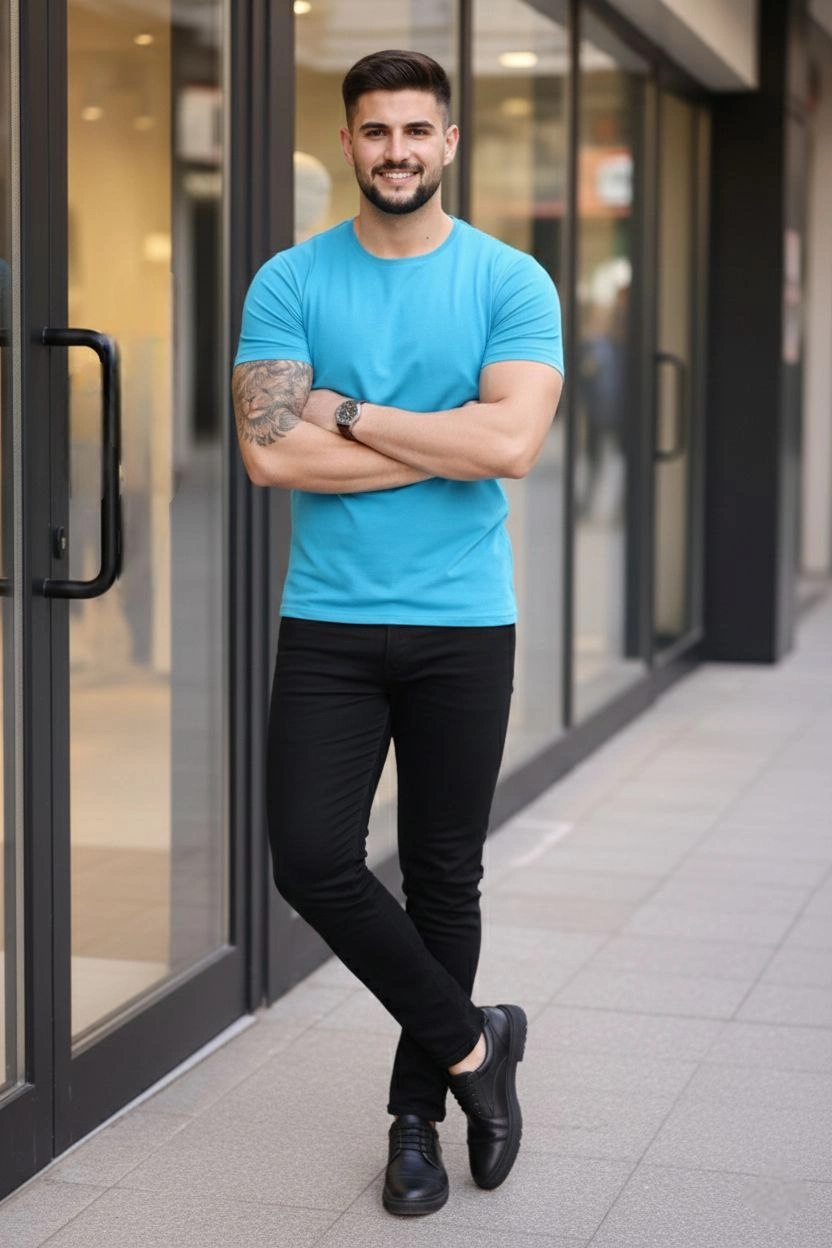 ASSEMA Erkek Bisiklet Yaka Slim Fit dar kesim Likralı Tişört - Açık Mavi
