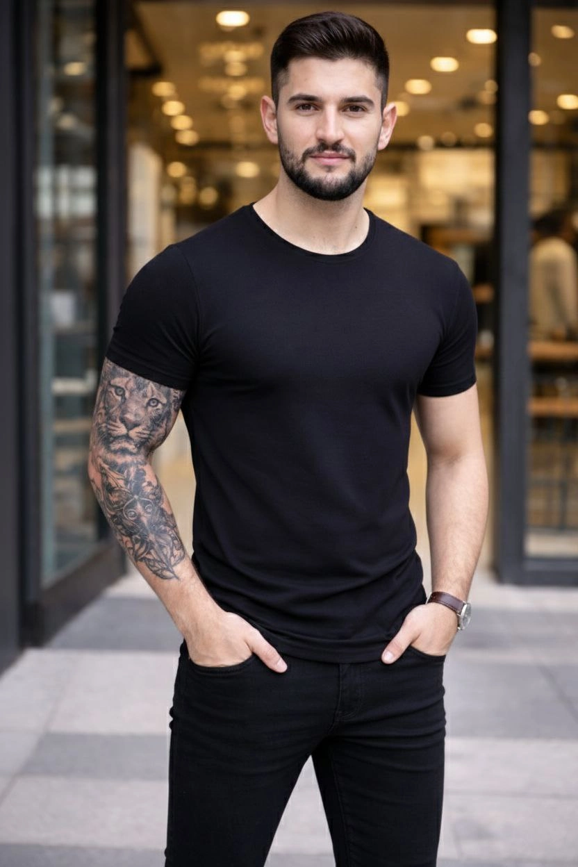 ASSEMA Erkek T-Shirt Bisiklet Yaka Slim Fit dar kesim Likralı Tişört Günlük Basic Body - Siyah