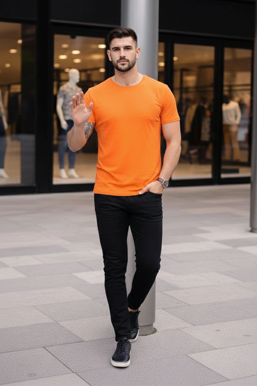 ASSEMA Erkek Bisiklet Yaka Slim Fit dar kesim Likralı Tişört - Turuncu