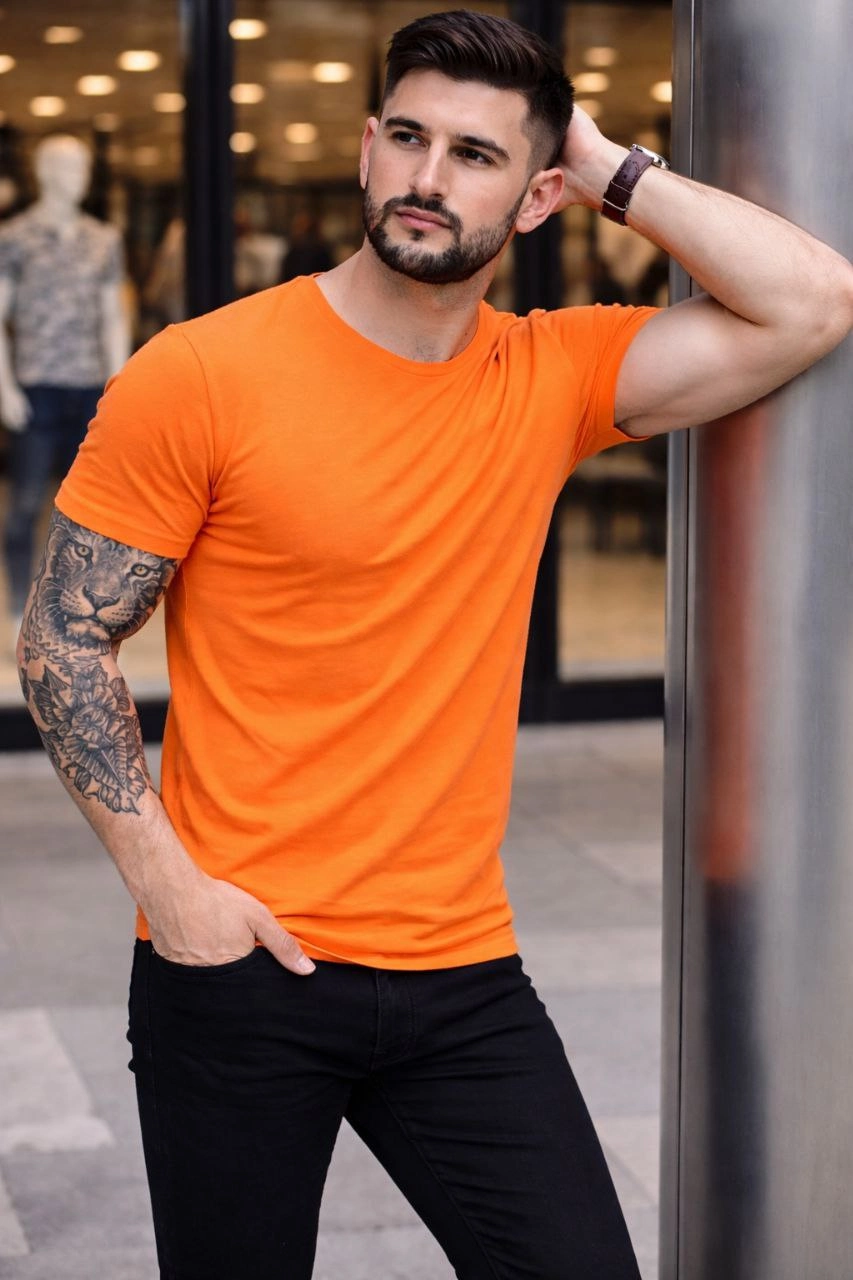 ASSEMA Erkek Bisiklet Yaka Slim Fit dar kesim Likralı Tişört - Turuncu