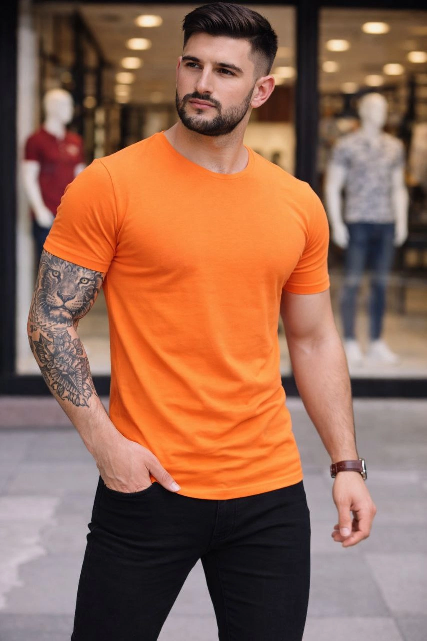 ASSEMA Erkek Bisiklet Yaka Slim Fit dar kesim Likralı Tişört - Turuncu