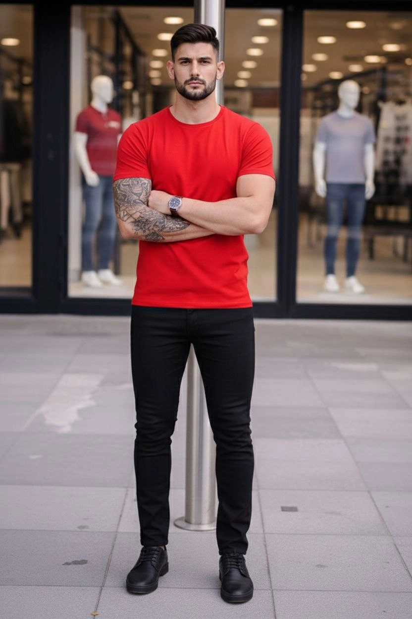ASSEMA Erkek Bisiklet Yaka Slim Fit dar kesim Likralı Tişört - Kırmızı