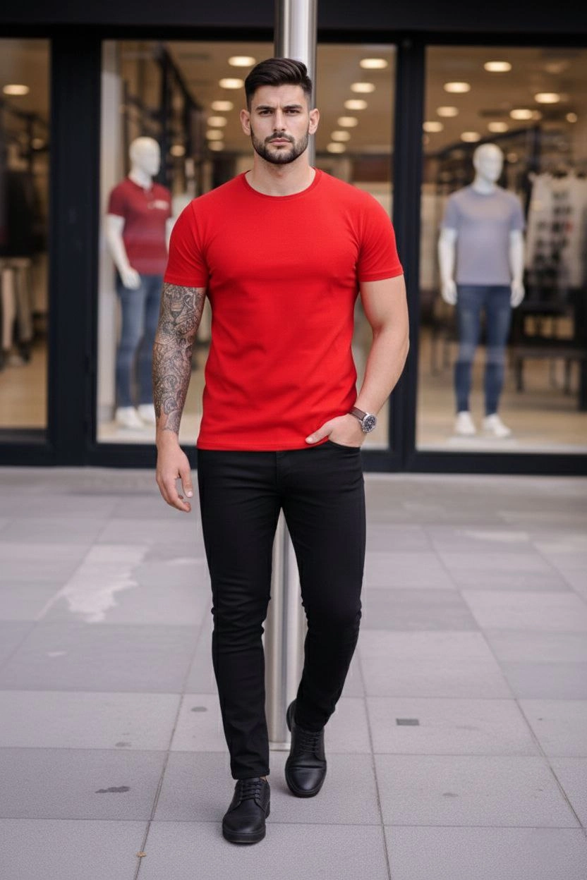 ASSEMA Erkek Bisiklet Yaka Slim Fit dar kesim Likralı Tişört - Kırmızı