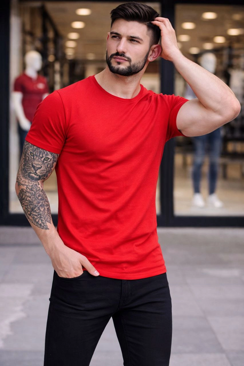 ASSEMA Erkek Bisiklet Yaka Slim Fit dar kesim Likralı Tişört - Kırmızı