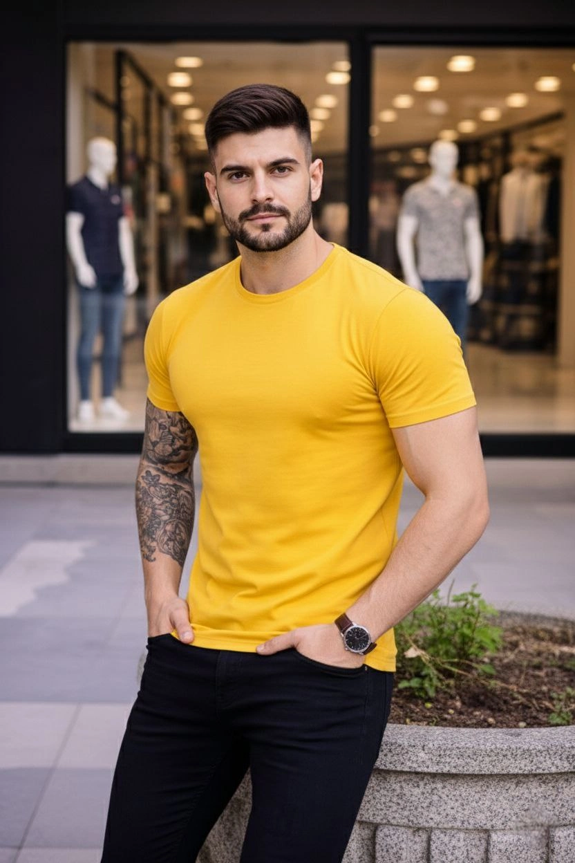 ASSEMA Erkek Bisiklet Yaka Slim Fit dar kesim Likralı Tişört - Sarı