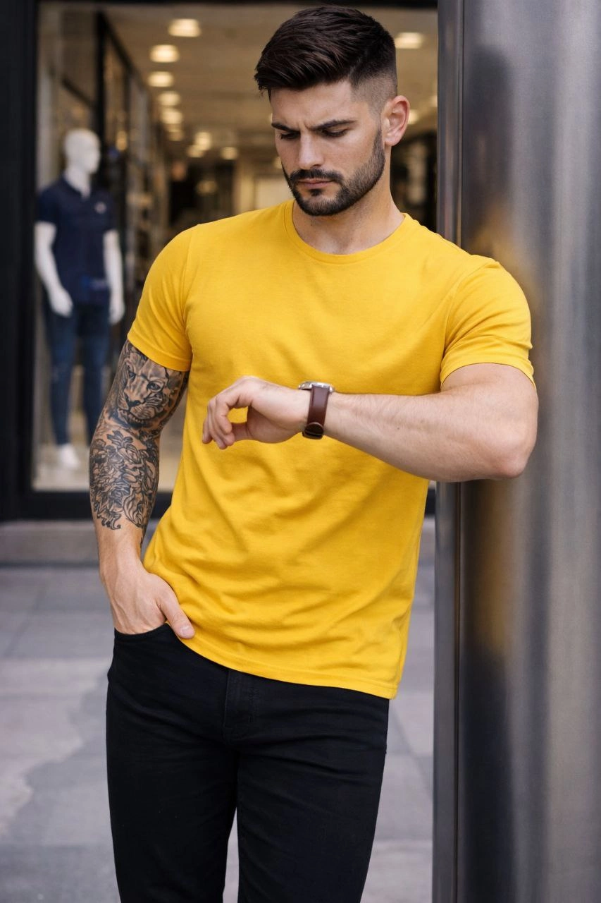 ASSEMA Erkek Bisiklet Yaka Slim Fit dar kesim Likralı Tişört - Sarı