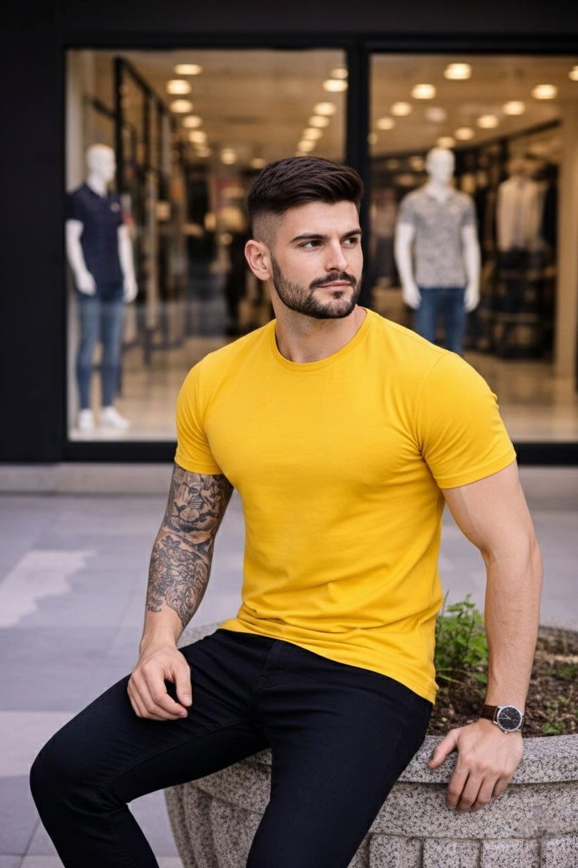 ASSEMA Erkek Bisiklet Yaka Slim Fit dar kesim Likralı Tişört - Sarı