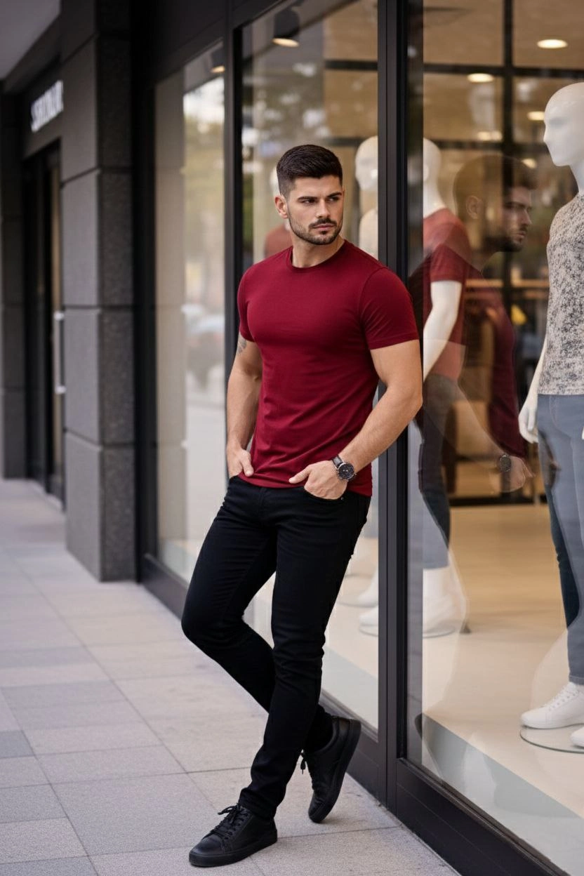 ASSEMA Erkek Bisiklet Yaka Slim Fit dar kesim Likralı Tişört - Bordo