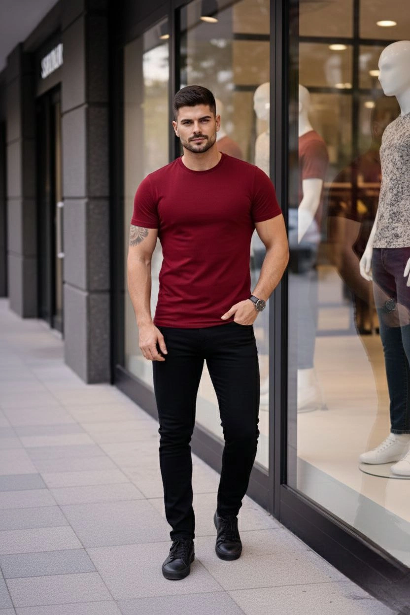 ASSEMA Erkek Bisiklet Yaka Slim Fit dar kesim Likralı Tişört - Bordo