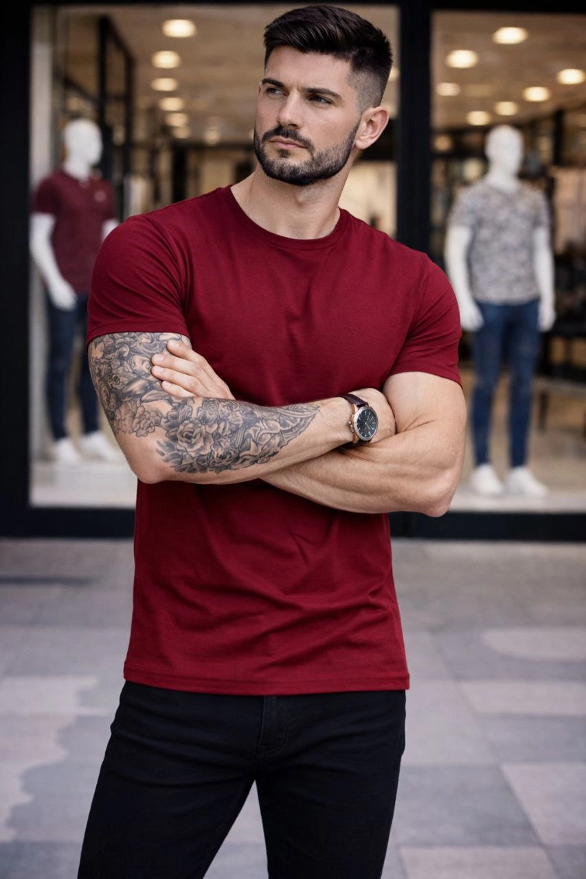 ASSEMA Erkek Bisiklet Yaka Slim Fit dar kesim Likralı Tişört - Bordo